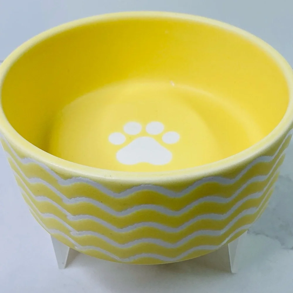 Signature Colorful yellow Bowl 5” X 2” Round Dog Cat Food Water Puppy Kitten Paw